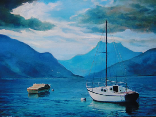  Boats On Lake at Montreux - New Day - Painting in Surrey Art Gallery